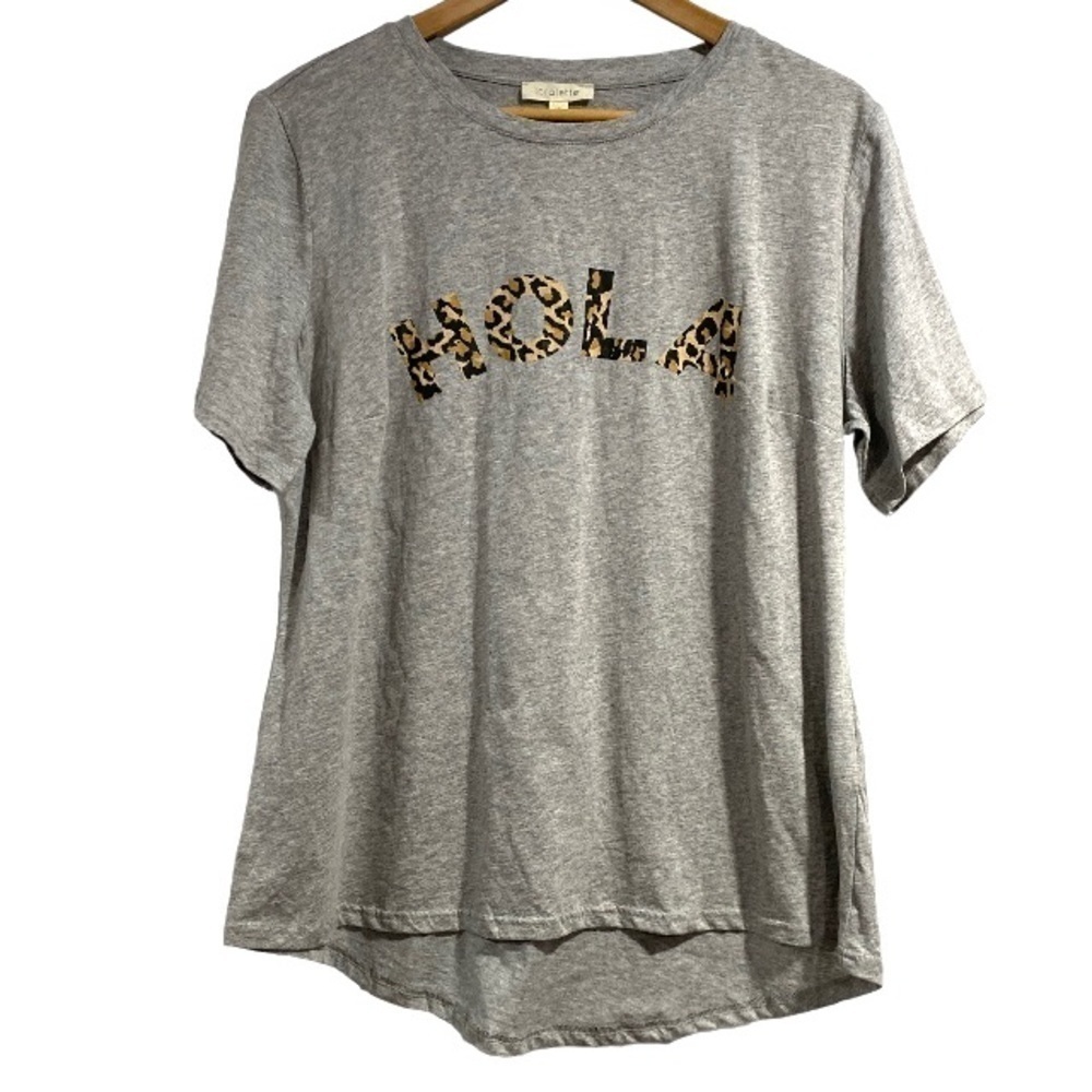 Loralette HOLA shirt Hello in Spanish leopard print front 16 NEW espanol